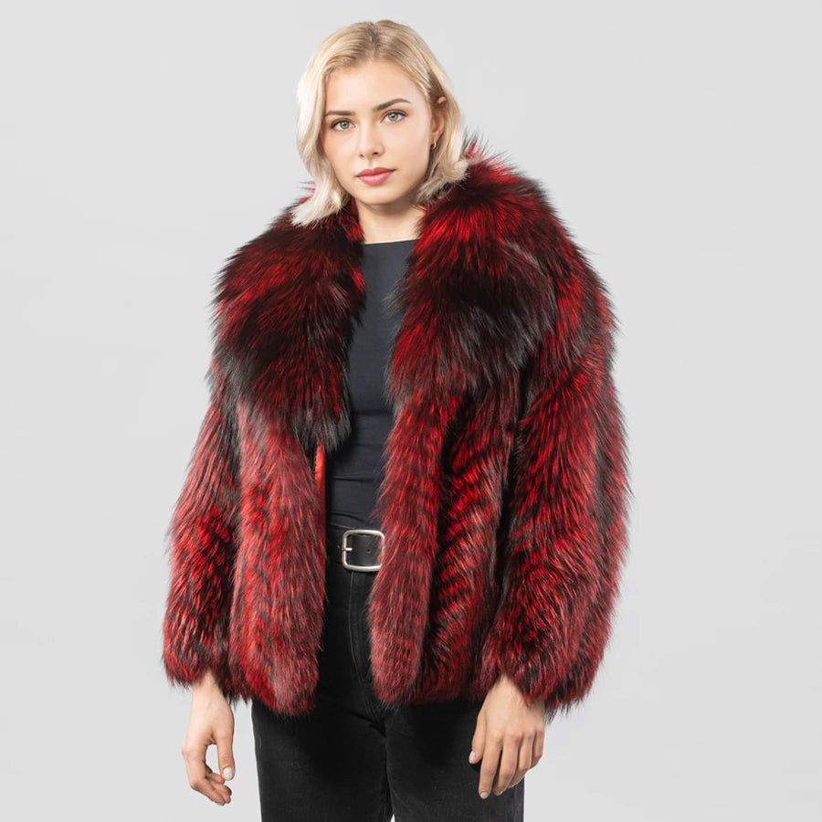 Real Red Silver Fox Fur Jacket With Collar Natural Fox Fur Coat Women's Winter Jacket Best Selling Genuine Fur Outerwear