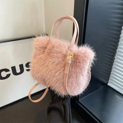 Fairy Handbag Pearl Chain Plush Small Square Bag For Women Fashion Elegant Shoulder Crossbody Bag Autumn Winter Versatile Totes