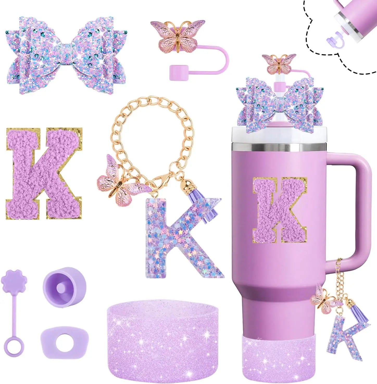 8pcs Cup Accessories Set for Stanley Cup 30oz 40oz tumbler Straw Topper Cover, Boot, Spill Proof Stoppers, Handle Charms Sticker