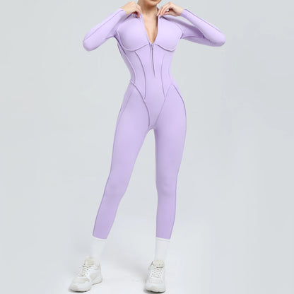 Padded Women Long Sleeve Sport Yoga Jumpsuit Workout Clothes for Women Sportwear Backless Zipper Fitness Gym Outfit