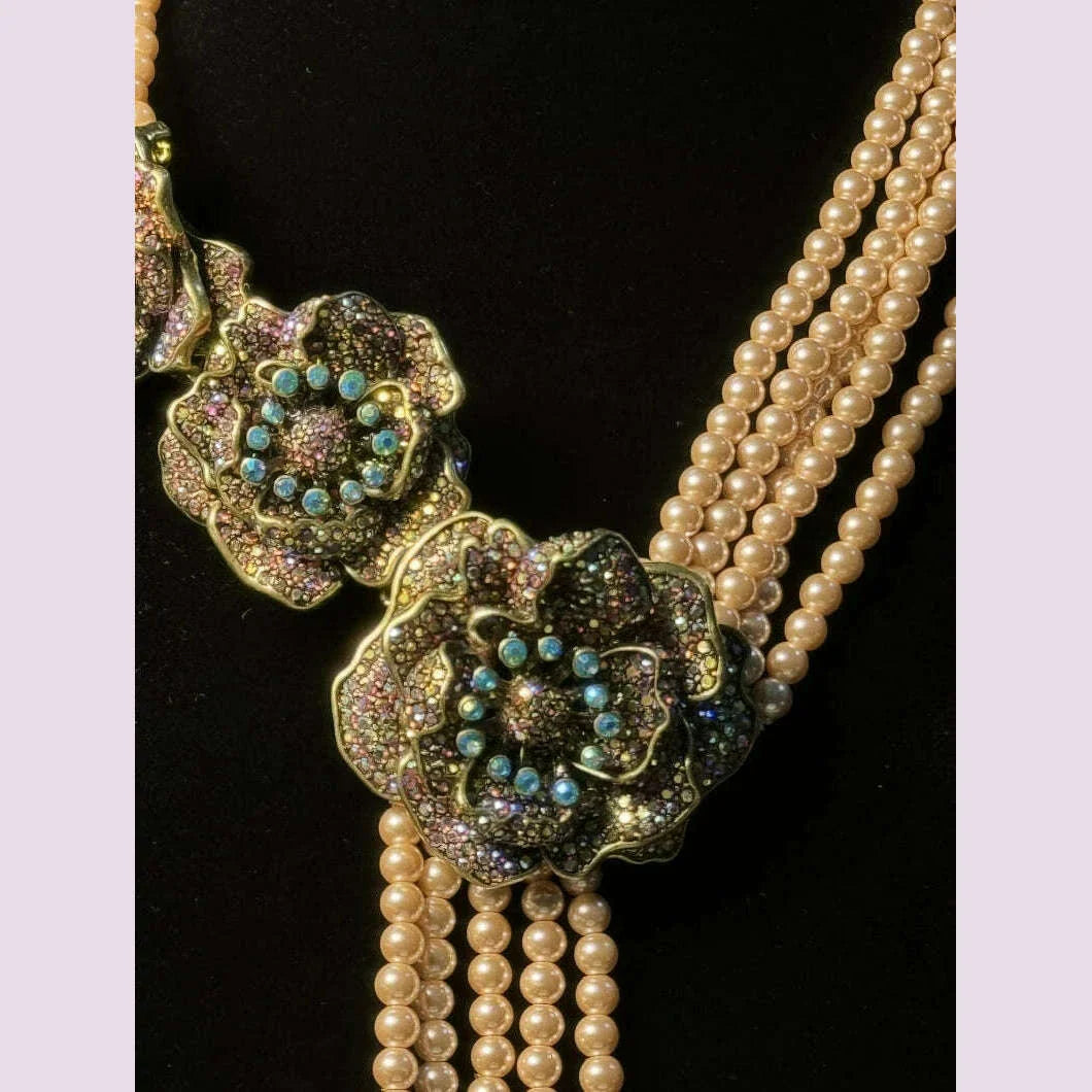 HD Europe and the United States  Retro Literature Sweet Heavy Multi-Layer Glaze Inlaid Shiny Rhinestone Flowers Tassel Necklace