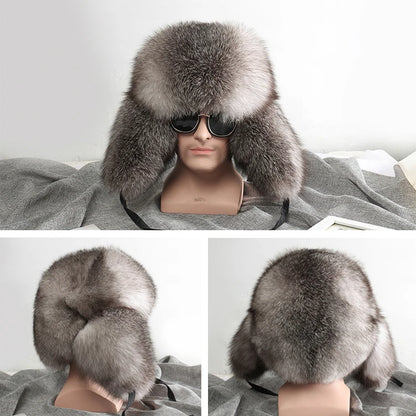 2025 Winter 100% Real Silver Fox Fur Bomber Hat Raccoon Fur Ushanka Cap Trapper Russian Men's Ski Hats Caps