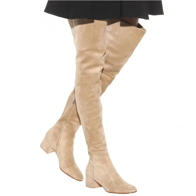 Over-the-knee Fashion Boots Winter New , Round Head Mid-heel Artificial Wool Suede Boots, Women's Shoes Zapatos De Mujer Black