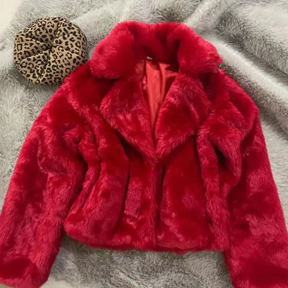Women Faux Fur Turn Down Collar Short Red Coat Autumn/Winter Imitation Rex Rabbit Fur Jacket INS Furry Parka Flocking Cardigan