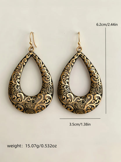 Fashionable Ladies' Earrings Vintage Craft Hollow Carved Tear-drop Shaped Earrings