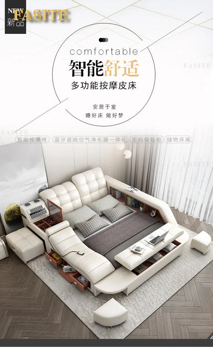 Genuine Leather Tech Smart  Multifunctional Beds Massage Modern Luxury Camas Upholstered With Bluetooth Speaker,Air Cleaner
