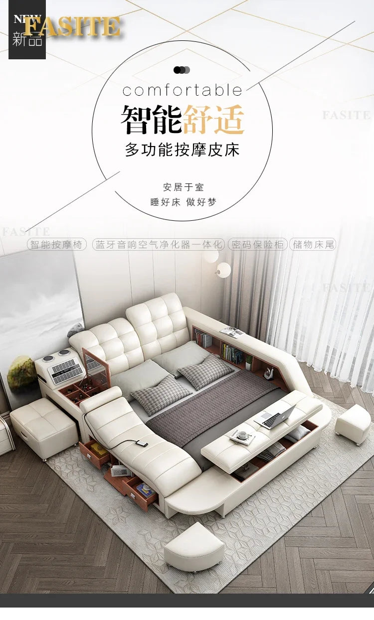 Genuine Leather Tech Smart  Multifunctional Beds Massage Modern Luxury Camas Upholstered With Bluetooth Speaker,Air Cleaner