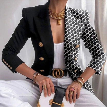 Women Vintage Print Office Lady Double Breasted Blazer Coat Autumn Fashion Notched Collar Long Sleeve Ladies Outerwear Chic Tops