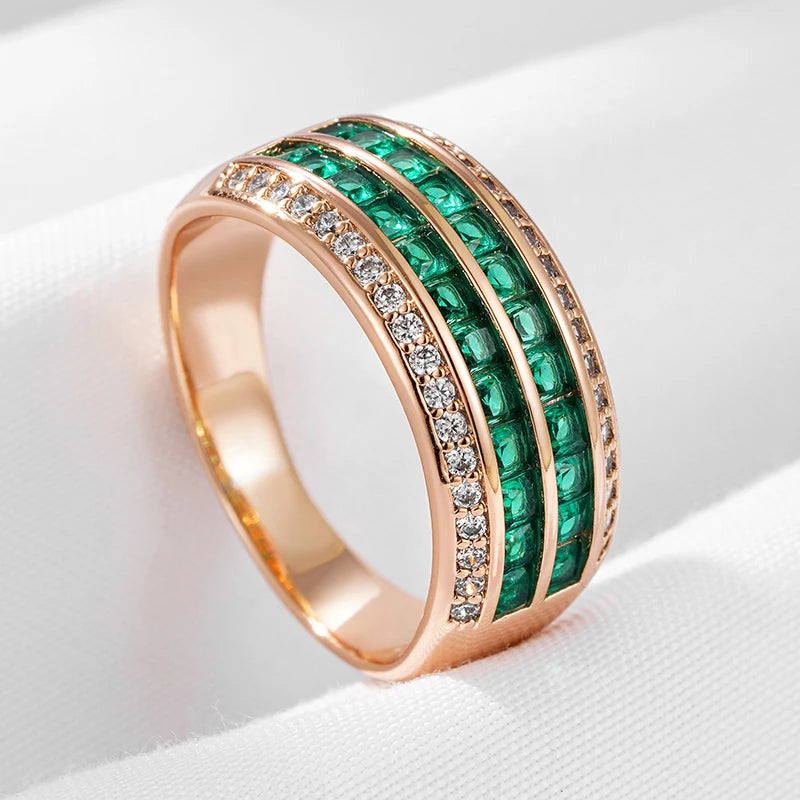Kinel Luxury Full Green Natural Zircon 9mm Width Rings For Women Fashion Design 585 Rose Gold Color Modern Party Daily Jewelry