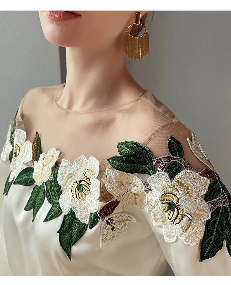 Vintage Embroidered Shirt Elegant Mesh Patchwork Satin Blouse O-neck Tops Spring Autumn Long Lantern Sleeve Women Clothes 24976