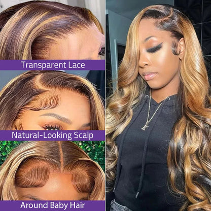 30 40 Inches Body Wave P4/27 Highlight Human Hair Wig 13x4 13x6 HD Lace Frontal Honey Blonde Colored Wigs For Women PrePlucked - Kimlud
