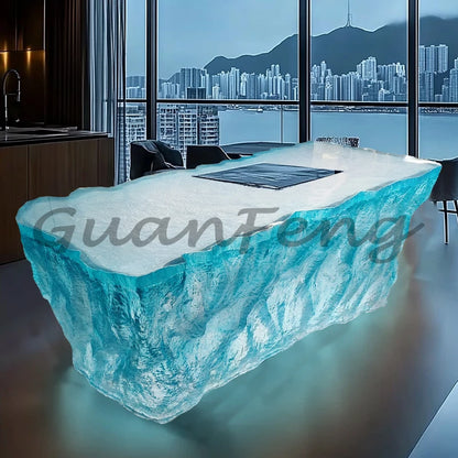 Premium Light Luxury Transparent Resin Hotel Front Desk Restaurant Villa Kitchen Partition Luminous Crystal Glacier Island Table