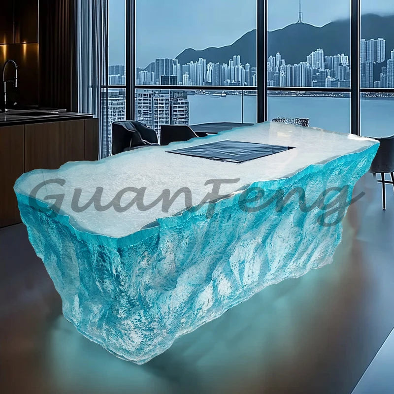 Premium Light Luxury Transparent Resin Hotel Front Desk Restaurant Villa Kitchen Partition Luminous Crystal Glacier Island Table