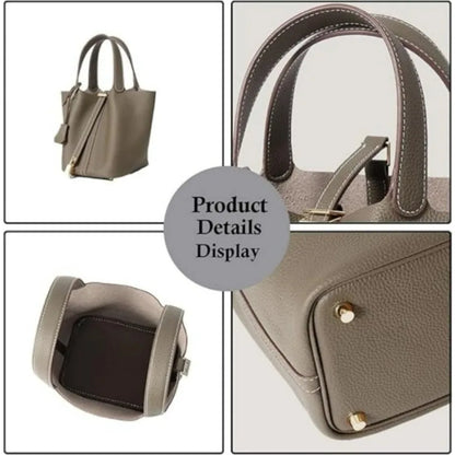 Genuine Leather Bucket Bag for Women: Lock Design Shoulder Handbag Versatile Top-Handle Tote Fashionable Vegetable Basket