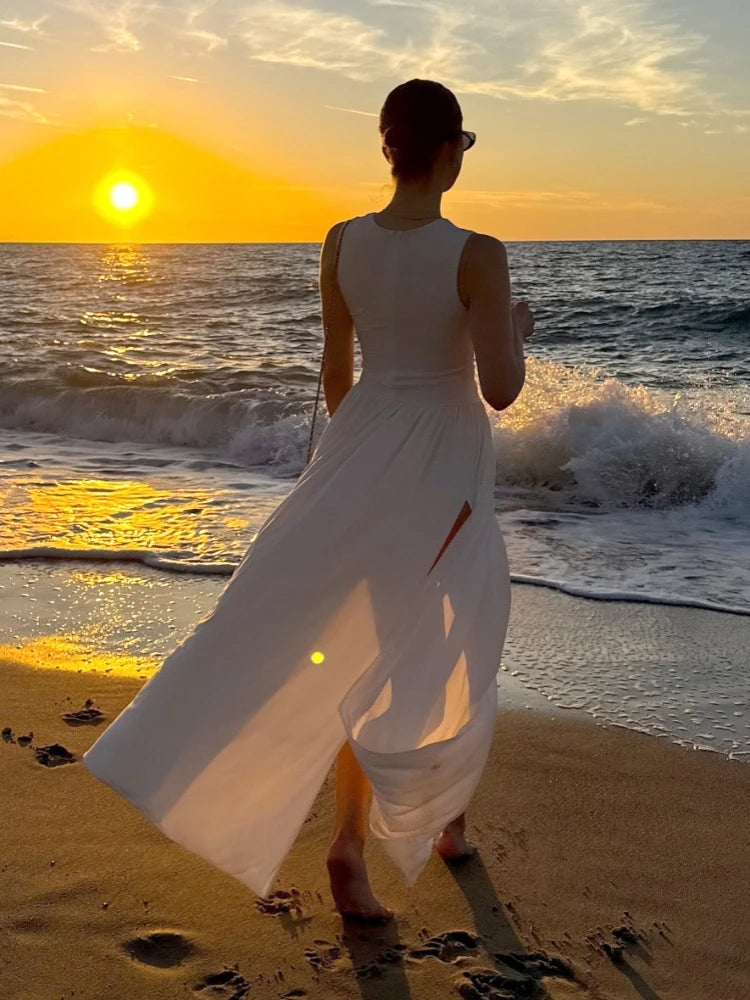 Sexy Sleeveless O Neck Draped High Split Long Dress Women White Elegant Summer Folds Bodycon Celebrity Club Evening Party Gowns