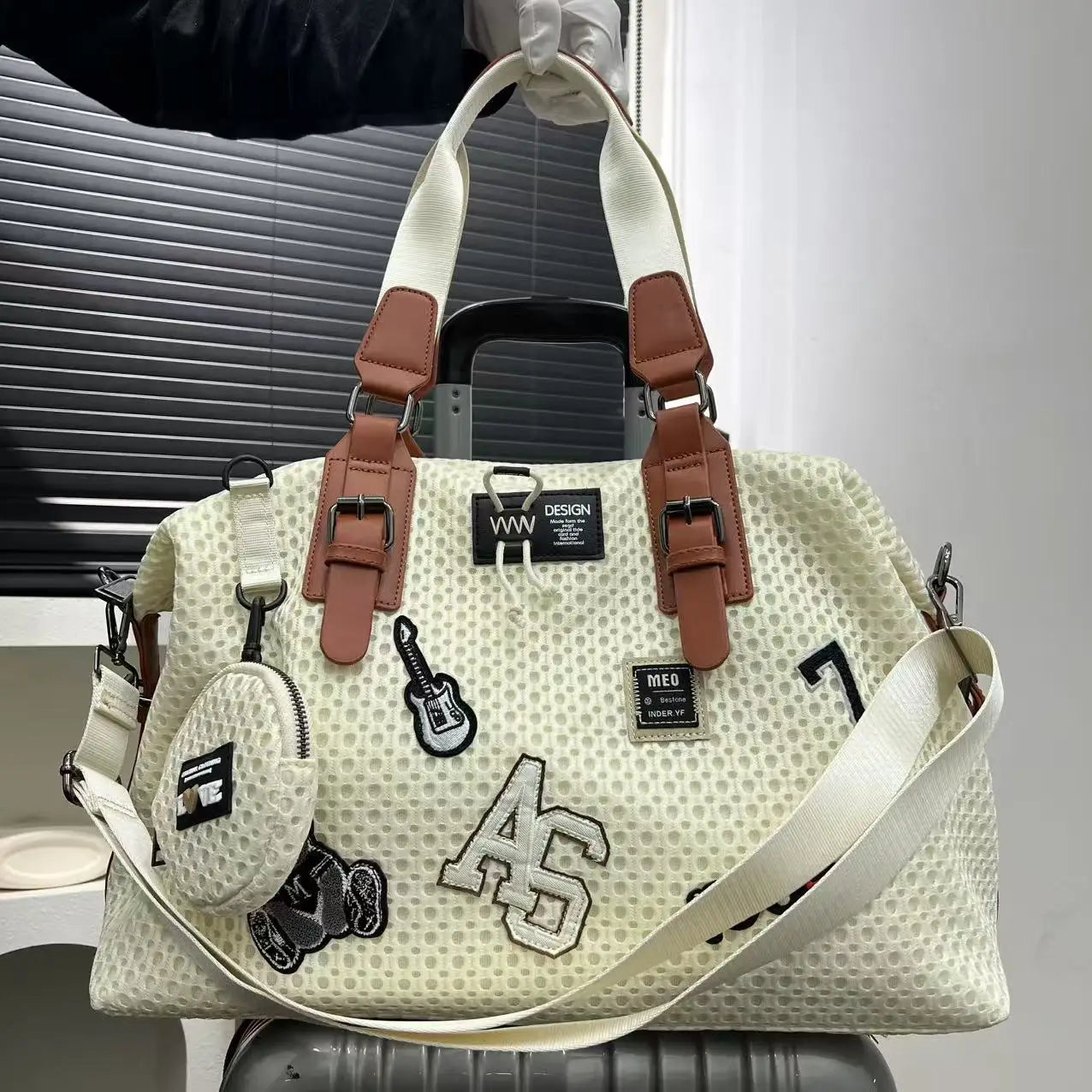 Fashionable women's mesh nylon adhesive tote bag, large capacity splicing shoulder bag, short distance travel casual handbag - Kimlud
