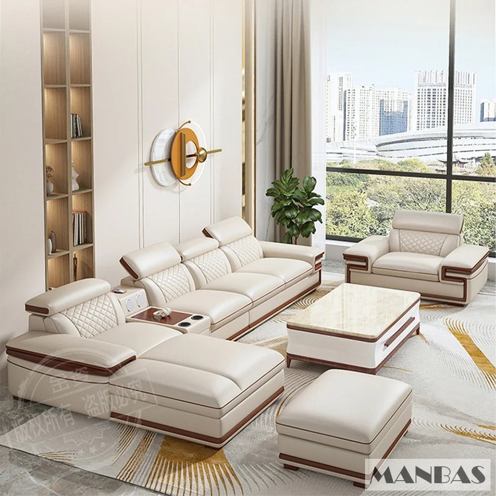 Linlamlim Premium Italian Genuine Leather Sofa Set for Living Room with Adjustable Headrests, Bluetooth Speaker, Wireless Charge