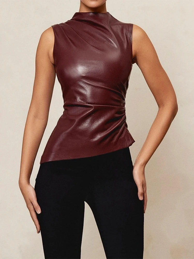 Women Y2K Vintage PU Simple Basic Tank Top High Waist Skinny Shrunk Slash Cut Sleeveless Tops Versatile Noble Shirts - Kimlud