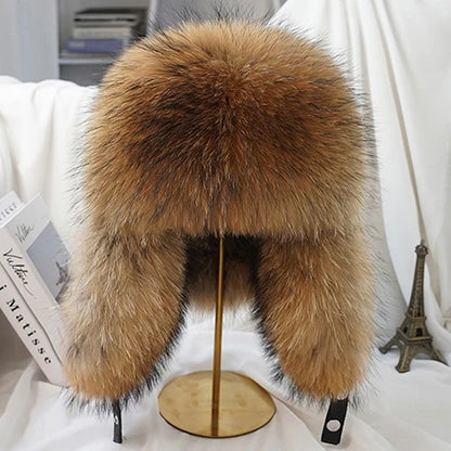 Fashion Winter Men's 100% Real Silver Fox Fur Bomber Hat Raccoon Fur Ushanka Cap Trapper Russian Man Ski Hats Caps Real Leather
