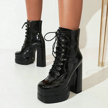 2022 Winter Women Ankle Boots Platform Square High Heel Ladies Ankle Boots Patent PU Leather Cross Tied Women's Shoes Big Size