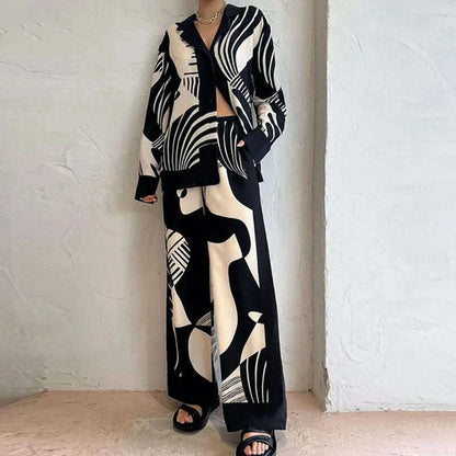 Long Sleeve Long Pant Sets Women  Retro Lapel Single Breasted Blouses Trousers 2 Piece Set Printed Color-blocking Elastic Waist