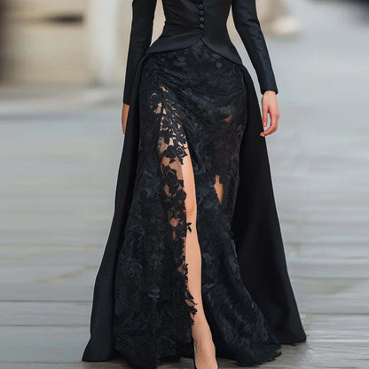 Lace Patchwork Irregular Split Robe Dress Casual High Waist Solid Color Maxi Dress Fashion Autumn Lapel Long Sleeved Party Dress