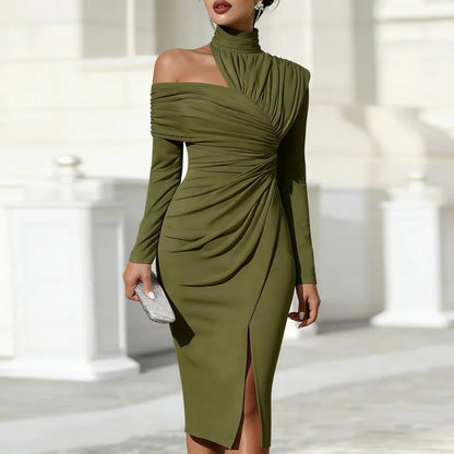 OL Style Elegant High Neck Ruched Party Dress Woman Sexy Off Shoulder Hollow Slit Midi Dress Spring Long Sleeve Solid Boho Dress - Kimlud