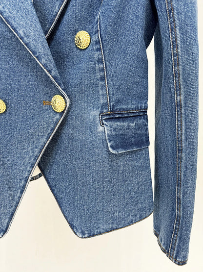 Modphy High Quality Women'S Double Breasted Slim Fit Denim Blazer Long Sleeve Jean Jacket High Waisted Pencil Mini Skirt Set