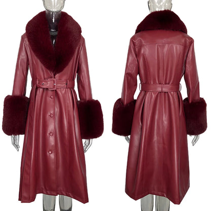 RR Slim Long Faux Leather Jackets Women Fashion Solid Buttons Coats Women Elegant Tie Belt Waist Pockets Jackets Female Ladies