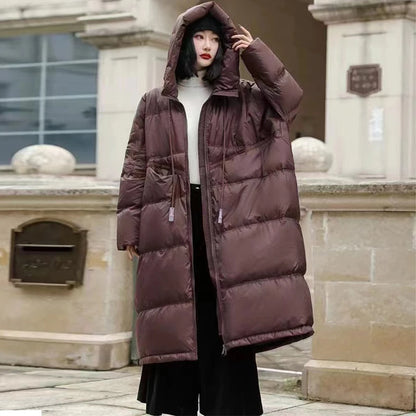 Lagabogy 2025 New Winter Women Oversize Long Puffer Coat Female Thick Warm White Duck Down Jacket Hooded Loose Parkas Outwear
