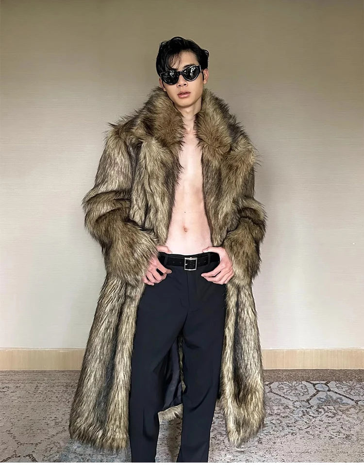 Men's fur coat, Wolf fur, fox fur, lapel long overcoat, winter windproof and warm windbreaker, large size