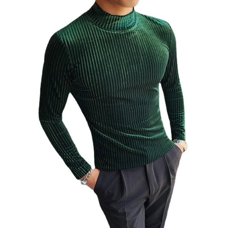 New Gold Velvet T Shirt Men Clothing Fashion Trend Male Luxury Prom Party Long-sleeved Striped Pullover Tops Homme - Kimlud