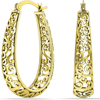 Retro Hollow Carved Scroll Filigree Teardrop Shape Hoop Earrings Oval Loop Earrings for Women Bohemian Party Statement Jewelry