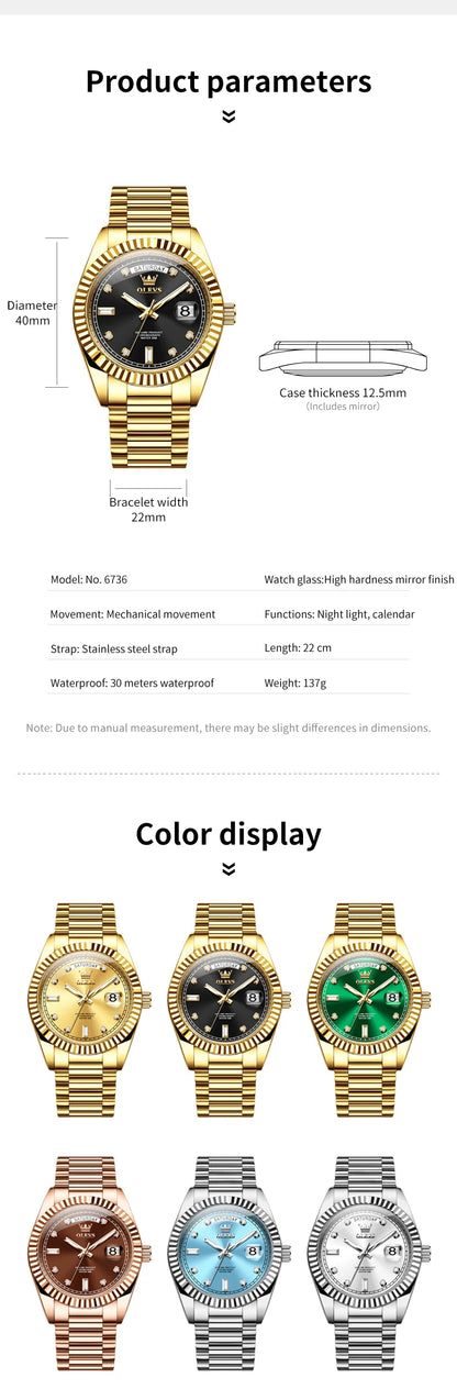 OLEVS Men's Fully Automatic Mechanical Watch Gold Stainless Steel Date Men's Night Light Waterproof Business Watch |...