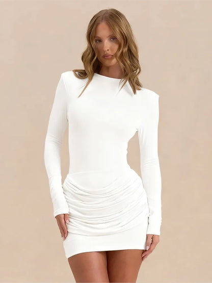 Solid Color Gathered Hip Cover Long Sleeve Dress Women's Spring Summer New Casual Round Neck Dresses For Women Ropa...