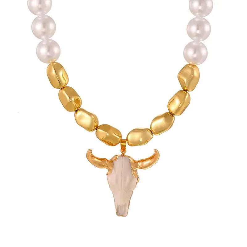 HangZhi Personality Unique New Gold Color Bull Head Horseshoe Pendant Necklace Anniversary Gift for Women Men Chunky...