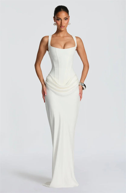 Mozision Elegant Backless Sexy Maxi Dress Women Gown Fashion Square Collar Sleeveless Skinny Ruched Club Party Long...