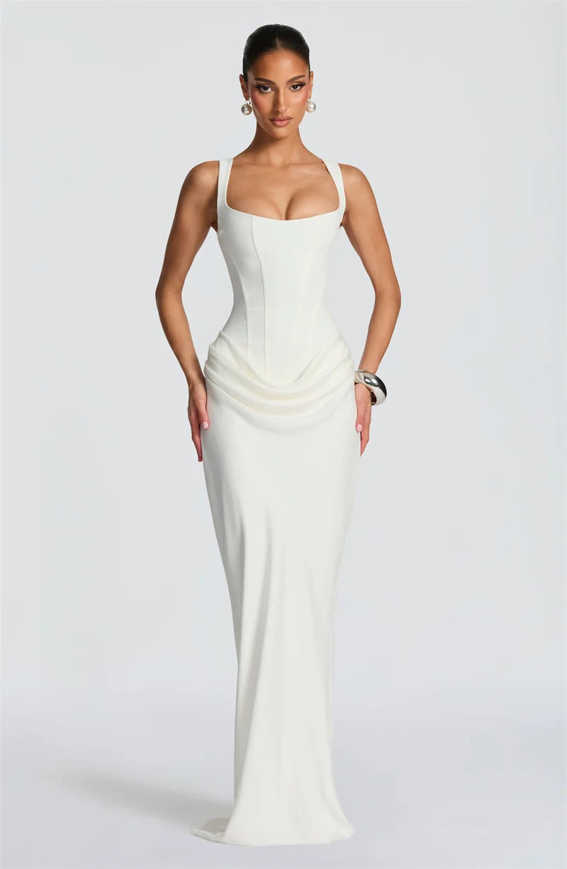 Mozision Elegant Backless Sexy Maxi Dress Women Gown Fashion Square Collar Sleeveless Skinny Ruched Club Party Long...