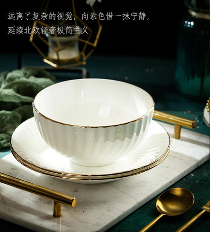 Bowl and dish set bone china tableware set bowl Jingdezhen light luxury simple hand drawn gold ceramic bowl and chopsticks plate - Kimlud