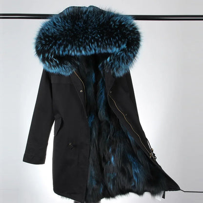 Maomaokong Winter Women's Fur Jacket Long Outdoor Tops Real Fox Fur Collar Inner Fur Lining Parka Natural Silver Fox Women Coat