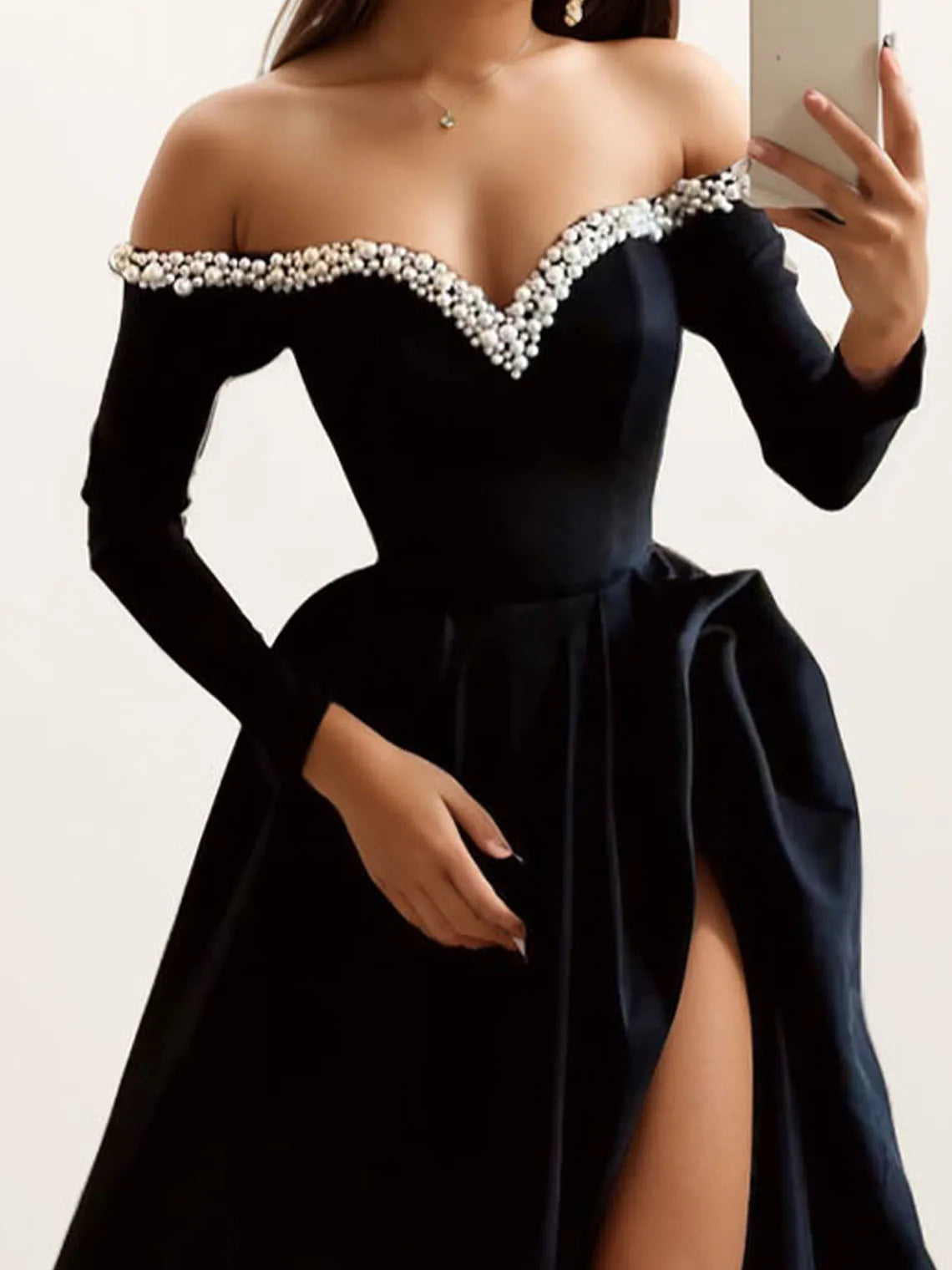 A-Line Evening Gown Black Dress Formal Masquerade Sweep Train Long Sleeve Off Shoulder Satin Pearls Slit 2025 Free Customized