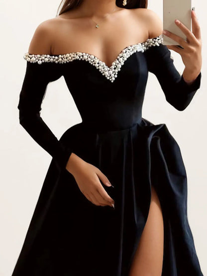A-Line Evening Gown Black Dress Formal Masquerade Sweep Train Long Sleeve Off Shoulder Satin Pearls Slit 2025 Free Customized