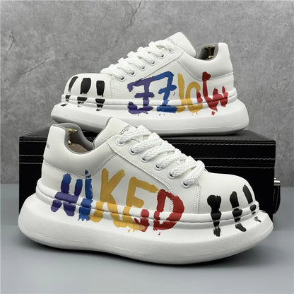 Mens Platform Sneakers White Adds Height Lace Up Casual Shoes Breathable Walking Shoes Comfortable Four Seasons Vulcanize Shoes