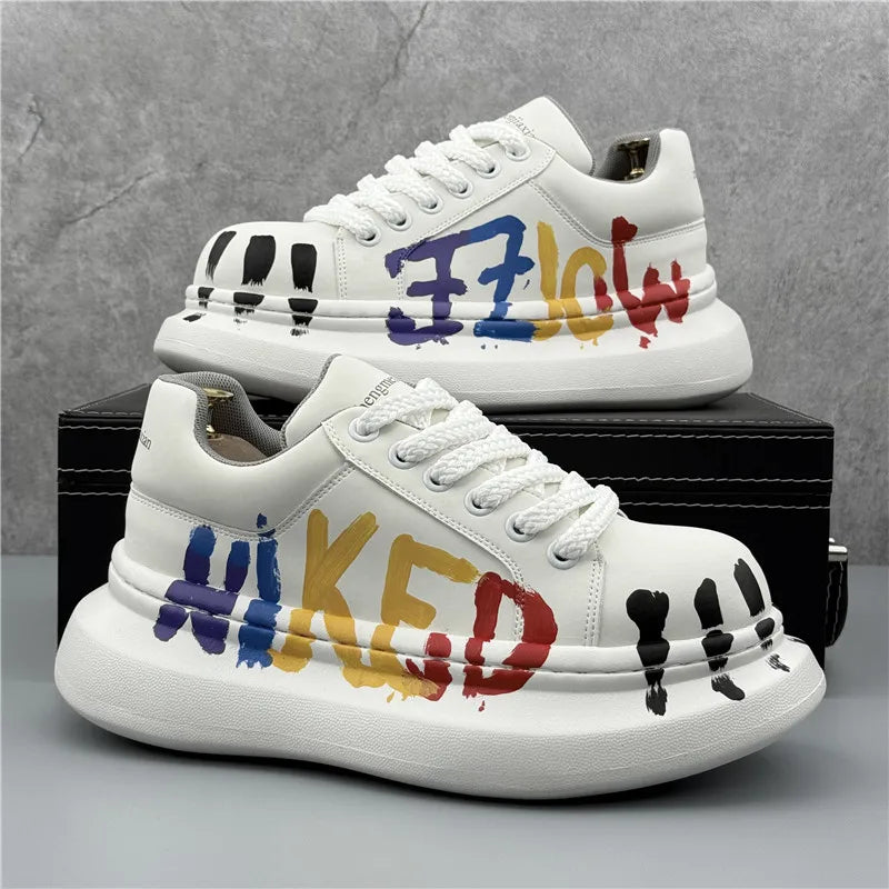 Mens Platform Sneakers White Adds Height Lace Up Casual Shoes Breathable Walking Shoes Comfortable Four Seasons Vulcanize Shoes