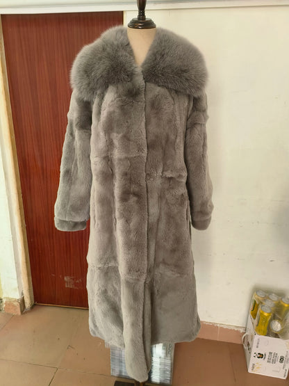 Women X-long Whole Skin Rex Rabbit Fur Coat Luxury High-end Natural Fur Jacket Oversized Genuine Fox Fur Collar