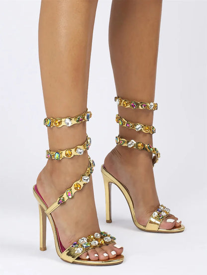 Star style Luxury Crystal Embellished Wraparound Women Sandals Stiletto High heels Gladiator Sandals Summer Wedding Prom Shoes - Kimlud