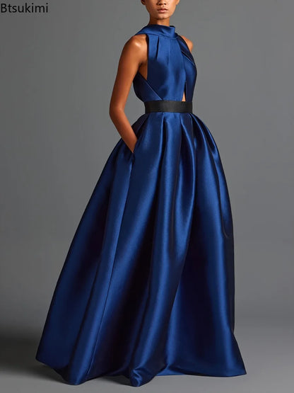 2026 Elegant Halter Satin Party Dresses for Women Spring Sexy Draped Solid Slim Long Dress Woman Hollow Out Pocket...