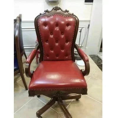 12American Genuine Leather Retro Carved Solid Wood Swivel Chair Office Chair Lift | Kimlud Vintage Luxury Home