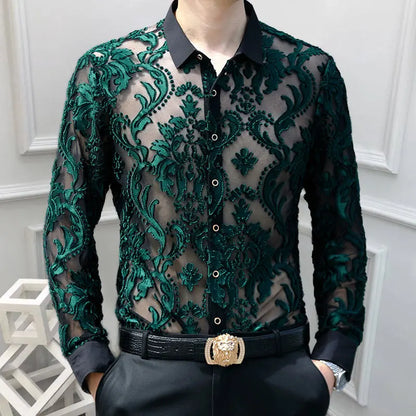 3 Colours Soft Velvet Slim-fit Men Clothing Nightclub long sleeved Sexy Polo See Through High Quality Transparent Floral Polo - Kimlud