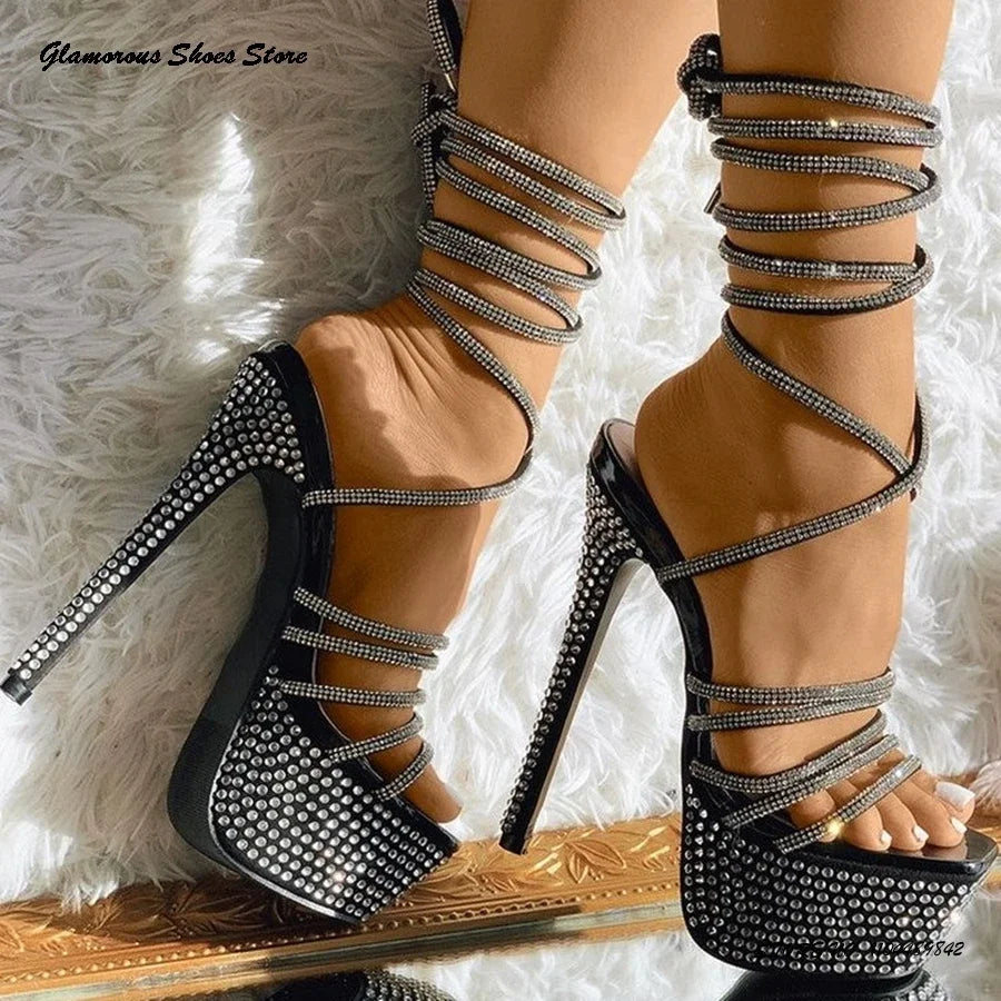 Sparkling Rhinestone Platform Sandals Summer Round Open Toe Thin High Heels Fashion Strappy Stilettos Lace-up Women's Shoes - Kimlud